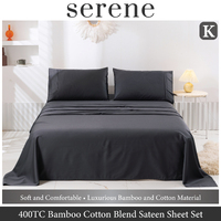 Serene 400TC Bamboo Cotton Blend Sateen Sheet Set CHARCOAL King Bed