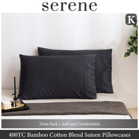 Serene 400TC Bamboo Cotton Blend Sateen King Pillowcases Twin Packs CHARCOAL