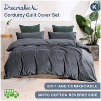Dreamaker Corduroy Quilt Cover Set King Bed Charcoal 