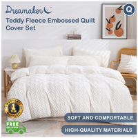 Dreamaker Teddy Fleece Embossed Quilt Cover Set Geometric Cream Queen 