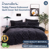 Dreamaker Teddy Fleece Embossed Quilt Cover Set Geometric Charcoal Queen 
