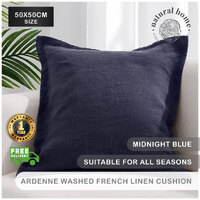 Natural Home ARDENNE Washed French Linen Cushion with Oxford Edge-Midnight Blue 50x50cm