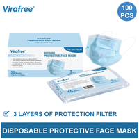 Virafree 3 Layer Disposable Protective Face Mask Blue 100pcs (2 Boxes)