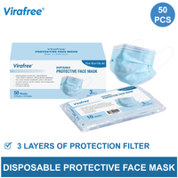 Virafree 3 Layer Disposable Protective Face Mask Blue 50pcs (1 Box)