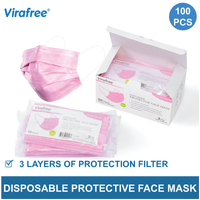 Virafree 3 Layer Disposable Protective Face Mask Pink 100pcs (2 Boxes)
