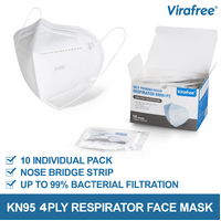 10 Pack Virafree KN95 4 Ply Self Priming Respirator Face Mask N95 | P2 - White