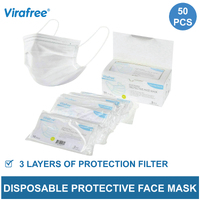Virafree 3 Layer Disposable Protective Face Mask White 50pcs (1 Box)