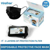Virafree 3 Layer Disposable Protective Children Face Mask Black 100pcs (2 Boxes)