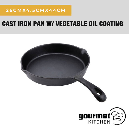 Gourmet Kitchen 26Cm Cast Iron Frypan W/ Vegetable Oil Coating Skillet Black