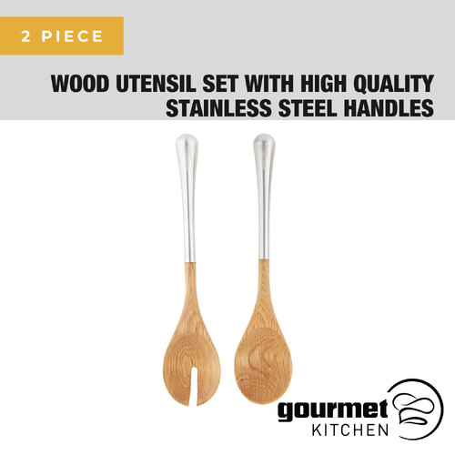 Gourmet Kitchen 2 Piece Wood Utensil Set With High Quality Stainless Steel Handles - 30Cm 