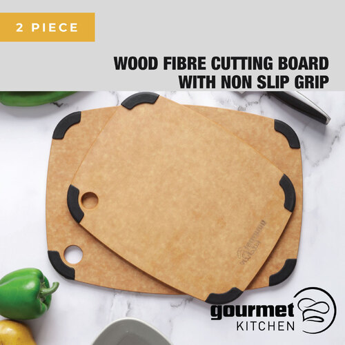 Gourmet Kitchen 2 Piece Wood Fibre Cutting Board With Non Slip Grip - Brown - 37X27.5X0.6Cm