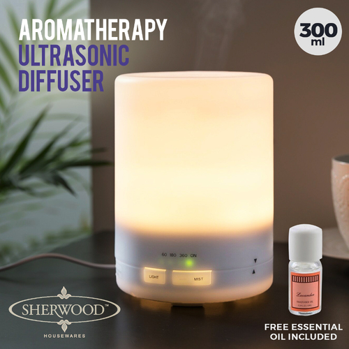 Home Living Aromatherapy Ultrasonic Diffuser With Free Lavander Oil & Light 300Ml White