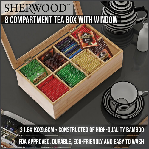 Sherwood Home 8 Compartment Bamboo Tea Box With Window - Natural Brown