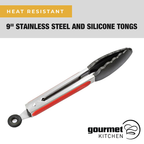 Gourmet Kitchen 9" Stainless Steel & Silicone Heat Resistant Tongs Red