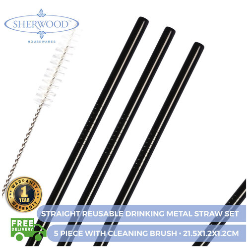 Sherwood Home 5 Piece Straight Reusable Drinking Metal Straw Set With Cleaning Brush Black