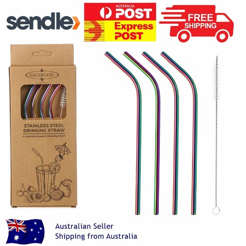 Sherwood Home 5 Piece Bent Reusable Drinking Metal Straw Set With Cleaning Brush Rainbow