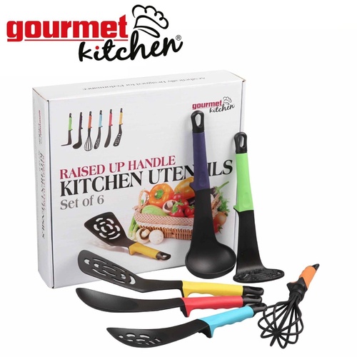 Gourmet Kitchen 6 Piece Raised Kitchentool Set Coloured Handles