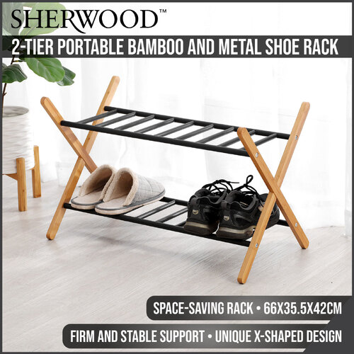 Sherwood Home 2-Tier Portable Natural Bamboo and Metal Shoe Rack - Light Brown- 66X35.5X42cm