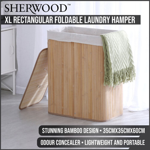 Sherwood Home Extra Large Rectangular Foldable Bamboo Laundry Hamper 2 Sided Natural Brown