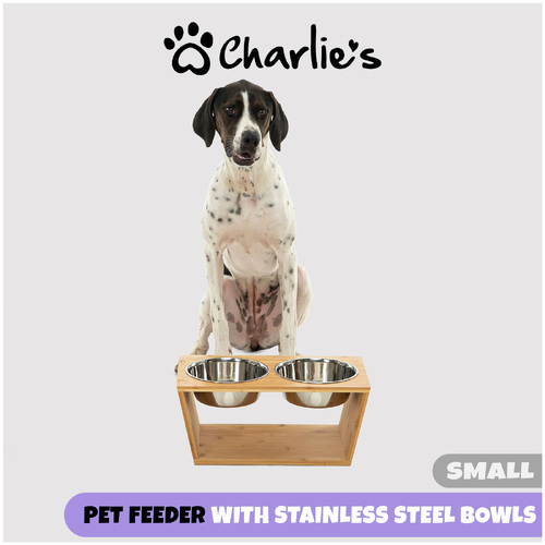 Charlie's Pet Natural Bamboo Pet Feeder with Stainless Steel Bowls- Small