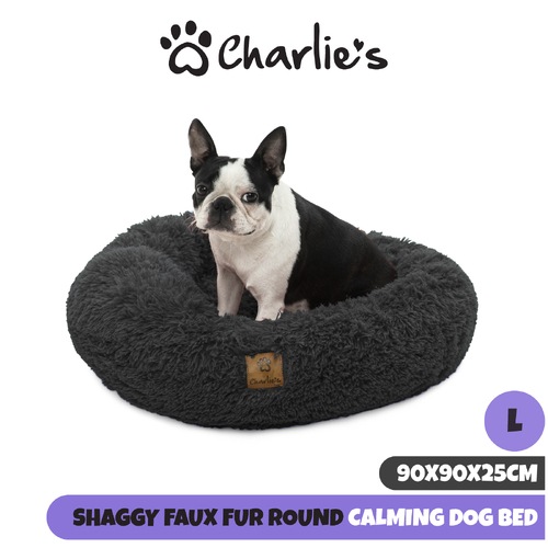 Charlie's Pet Faux Fur Fuffy Calming Pet Bed Nest - Charcoal - Large