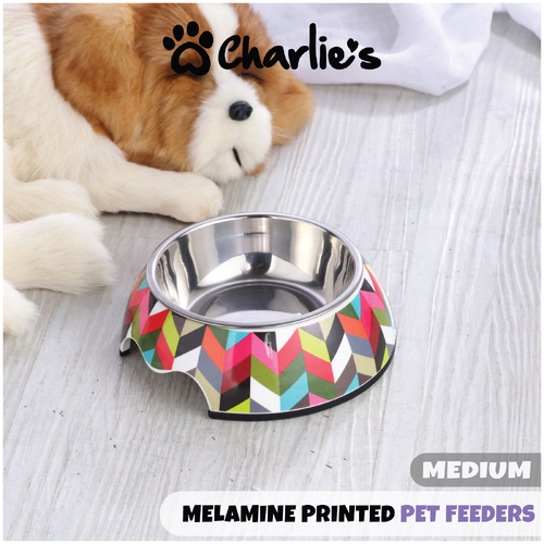 Charlie's Pet Melamine Printed Pet Feeders With Stainless Steel Bowl  Stripe Medium
