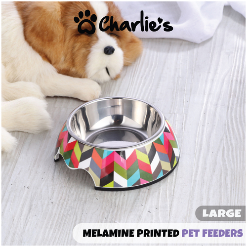 Charlie's Pet Melamine Printed Pet Feeders With Stainless Steel Bowl  Stripe Large