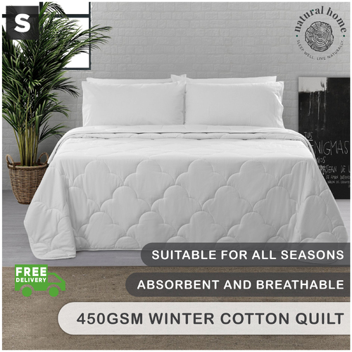 Natural Home Winter Cotton Quilt 450gsm - White - Single Bed