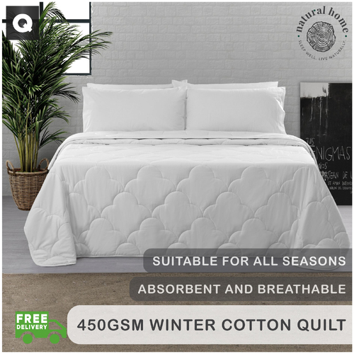 Natural Home Winter Cotton Quilt 450gsm - White - Queen Bed