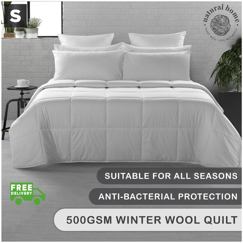 Natural Home Winter Wool Quilt 500gsm - White - Single Bed