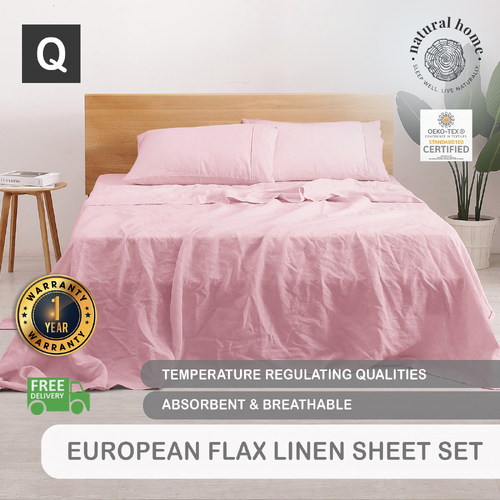 Natural Home European Flax Linen Sheet Set Queen Bed Pink