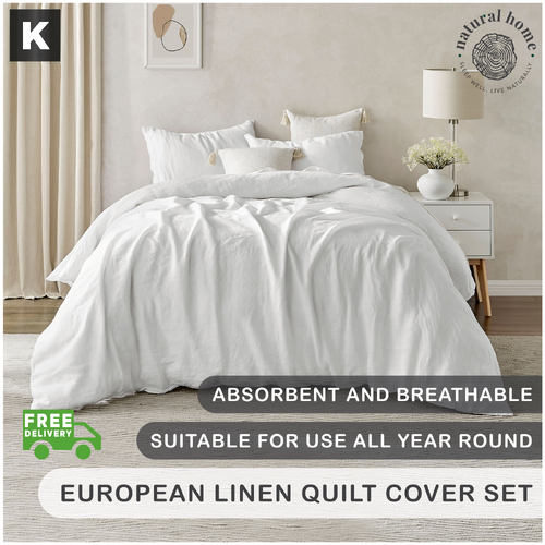 Natural Home 100% European Flax Linen Quilt Cover Set White King Bed