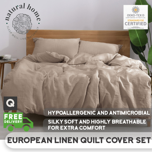 Natural Home European Flax Linen Quilt Cover Set Queen Bed Hazelnut
