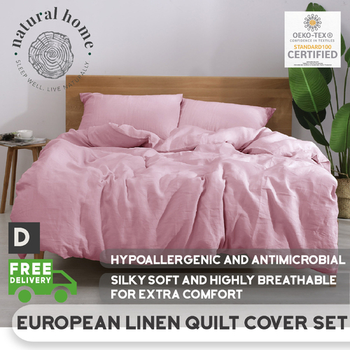 Natural Home European Flax Linen Quilt Cover Set Double Bed Blush Pink
