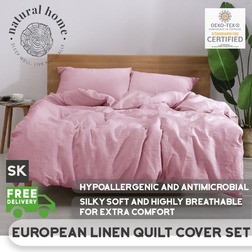 Natural Home 100% European Flax Linen Quilt Cover Set Blush Pink Super King