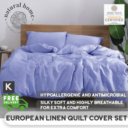 Natural Home 100% European Flax Linen Quilt Cover Set Blue Queen Bed