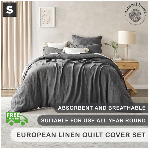 Natural Home 100% European Flax Linen Quilt Cover Set Charcoal Single Bed