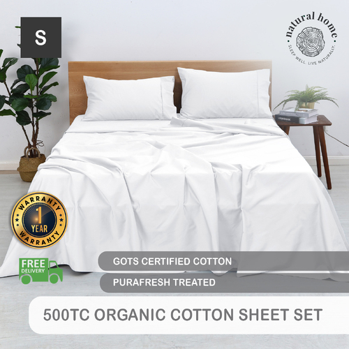Natural Home Organic Cotton Sheet Set WHITE Single Bed