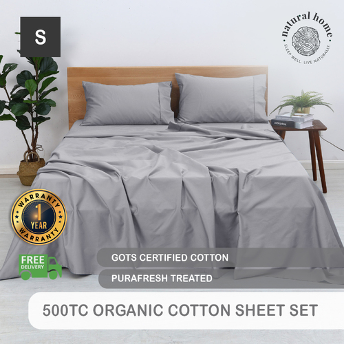Natural Home Organic Cotton Sheet Set SILVER Single Bed