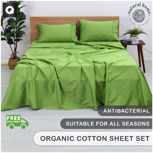 Natural Home Organic Cotton Sheet Set GREEN Queen Bed