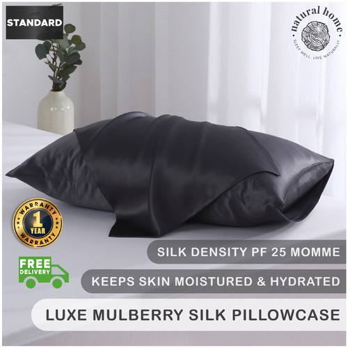 Natural Home Luxe Mulberry Silk Pillowcase 25 Momme Standard Pillowcase 48 x 73cm - Charcoal