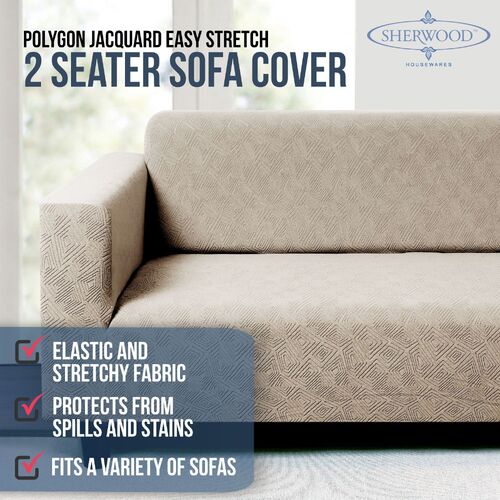 Sherwood Polygon Jacquard Easy Stretch Cream 2 Seater Couch Sofa Cover