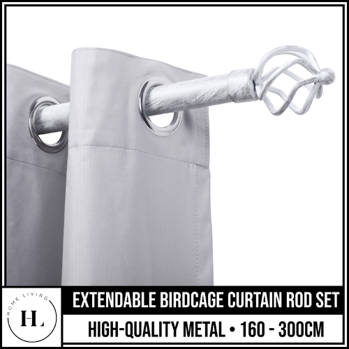 Home Living Extendable Birdcage Curtain Rod Set Pole Black Rail Ball Finial Silver/White Marbling 160-300cm