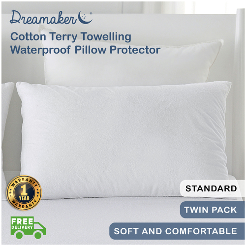 Dreamaker Cotton Terry Towelling Waterproof Pillow Protector - Standard 48x73cm (2 Pack)