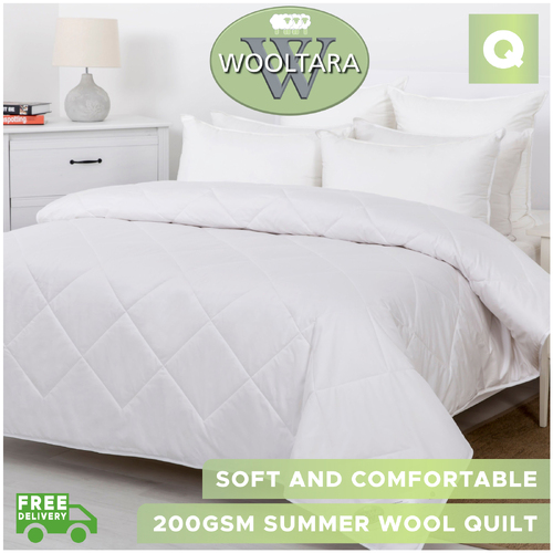 Wooltara Luxury Comfort 200GSM Washable Summer Australia Wool Quilt - Queen Bed