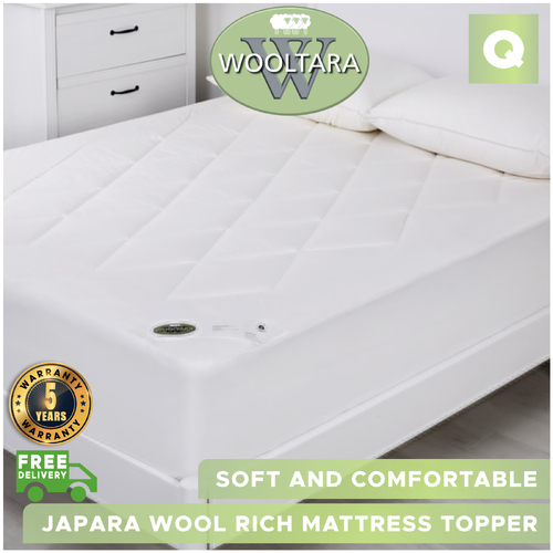 Wooltara Luxury Washable Cotton Japara Wool Rich Mattress Topper - Queen Bed