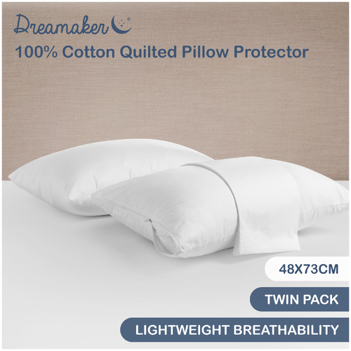 Dreamaker 100% Cotton Pillow Protector With Zip Closure - 48 X 73 Cm (2 Pack)