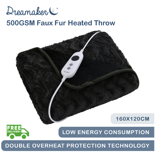 Dreamaker 500Gsm Faux Fur Heated Throw Charcoal - 160 X 120Cm