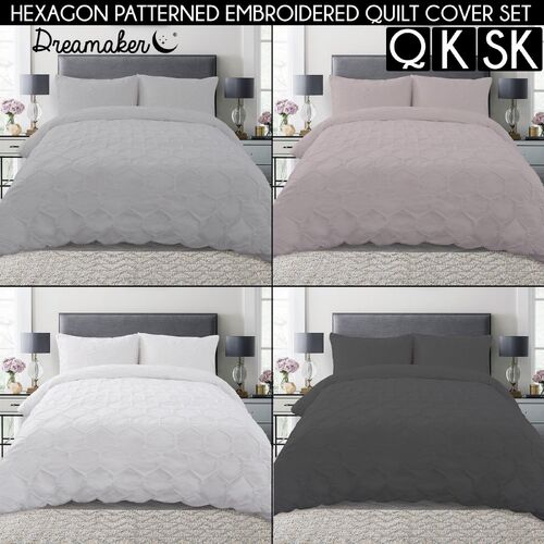 Dreamaker Spandex Emboridery Quilt Cover Set Honeycomb Queen Bed Grey