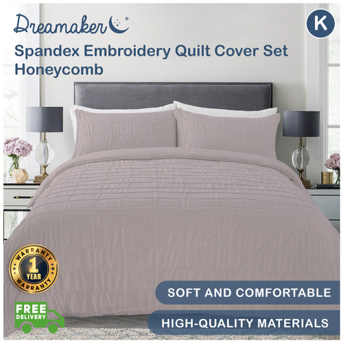 Dreamaker Spandex Emboridery Quilt Cover Set Honeycomb King Bed Mink
